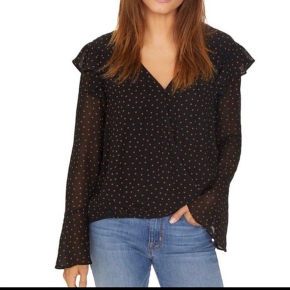 Sanctuary Black Polka Dot  Womens Cori Pullover Blouse Sem Sheer Boho Peasent S - Picture 1 of 10